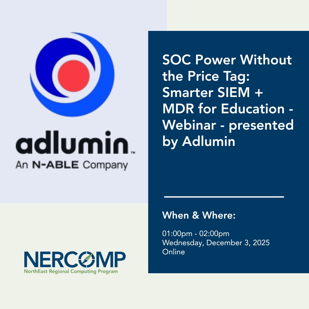 NERCOMP's tweet image. Save the date! In our upcoming webinar, @adlumin will show how to empower education IT teams with enterprise-grade SIEM + MDR capabilities, enabling rapid threat detection, investigation, and response—without the high cost or added staffing.
bit.ly/4hSXV5n