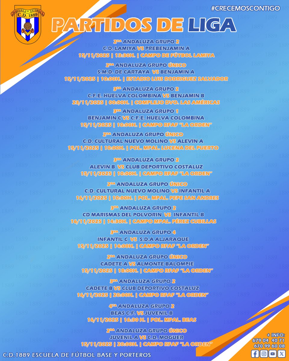 PARTIDOS DE LIGA | Nuestros chicos ya tienen horario para sus jornadas de #PartidosOficiales. ⚽🔝

#Vamos89 🔵⚪️🔵

#Somos1889 #FutbolBase #crecemoscontigo