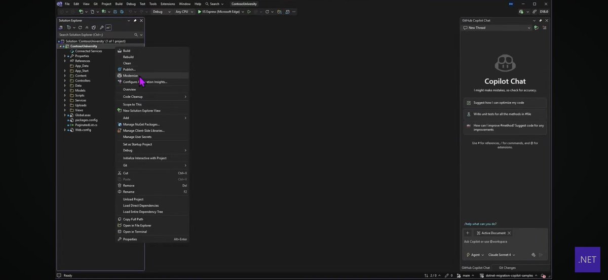 lioncoding's tweet image. Tip from #dotNETConf: Use Visual Studio’s Modernize option to easily upgrade your .NET projects to the latest version.