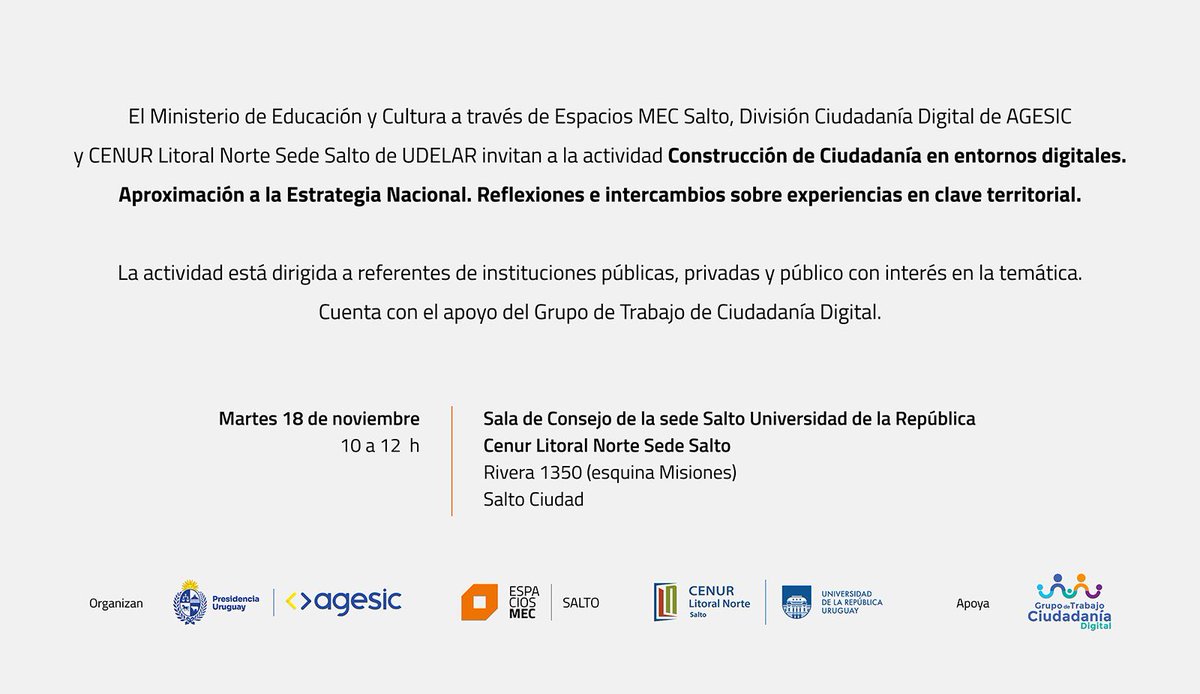 🤳Reflexionamos sobre cómo construir ciudadanía en entornos digitales.

Martes 18/11, 10 a 12 horas en la sede Udelar Salto.