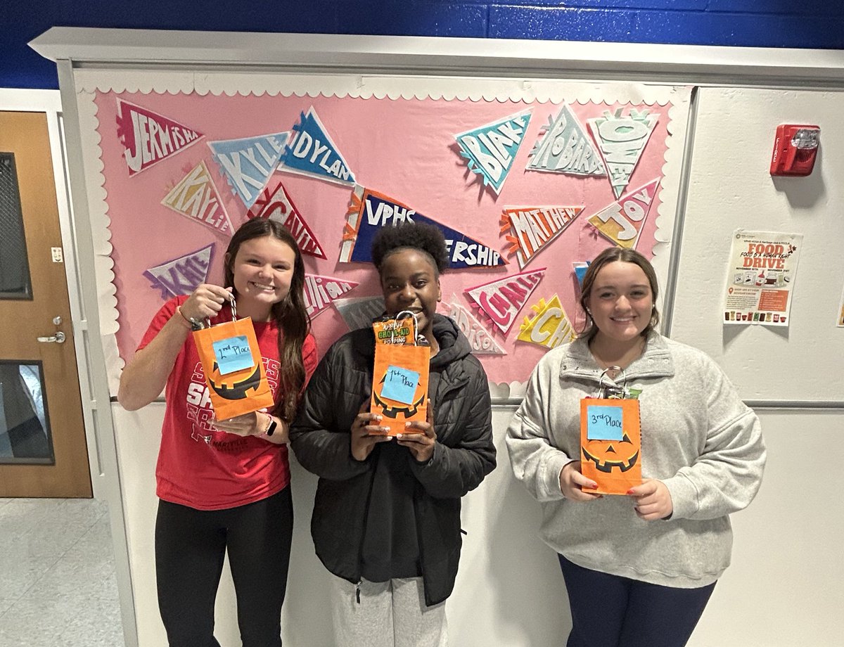 vphsleadership's tweet photo. Congrats to Charley, Kaylie, and Joy for winning Top 3 Best in Show for the Pumpkin Project! Your creativity, hard work, and attention to detail truly shined—your pumpkins look absolutely amazing! @ValleyParkSD #impactthroughaction https://t.co/6OZRjE15eH