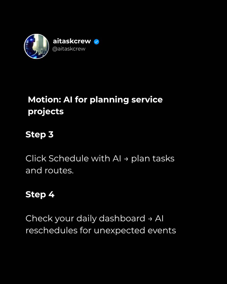 aitaskcrew's tweet image. 👉 Let us know if you applied it, and how it went!

#AIforBusiness #ServiceBusiness #MotionAI #OperationalAutomation #OperationalIntelligence #BusinessEfficiency #SmartScheduling #Productivity #AITaskCrew