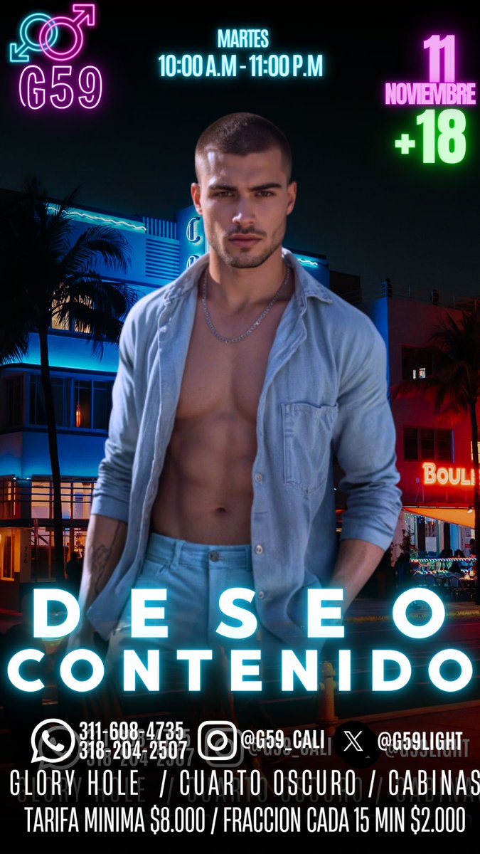 ¿Perdiendo mucho tiempo en Grindr? Vení a G59 hoy martes y resolvé polvito 🍆💦 sin rodeos 😈🔥

💲8K/Hora, Fracción adicional 15min $2K
💲20K Temático nudista
Tenemos promos 😎

📍 Calle 5 59-59 Cali UNICA SEDE maps.app.goo.gl/K9JguZ42LcM3r5…

📞602 440 2221
📞wa.me/573182042507