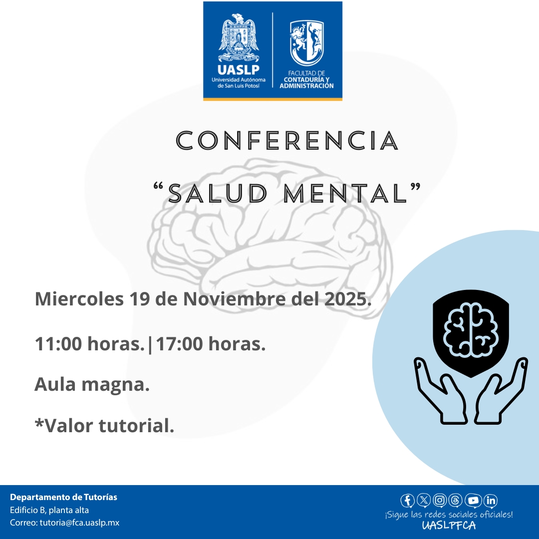 Te invitamos a la conferencia: "Salud mental". 💚🧠
Cuenta con valor tutorial, puedes asistir este próximo 19 de noviembre ya sea a las 11:00 horas o 17:00 horas. ¡Te esperamos!