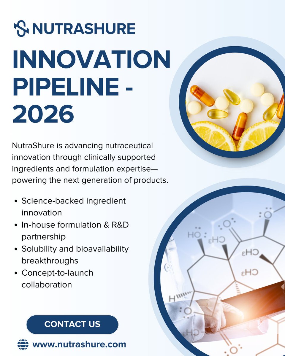 nutrashure's tweet photo. Planning your next formulation?

NutraShure’s Innovation Pipeline – 2026 delivers the science, expertise, and partnership to help your brand lead the next wave of nutraceutical innovation. https://t.co/GhXh9DLYmD