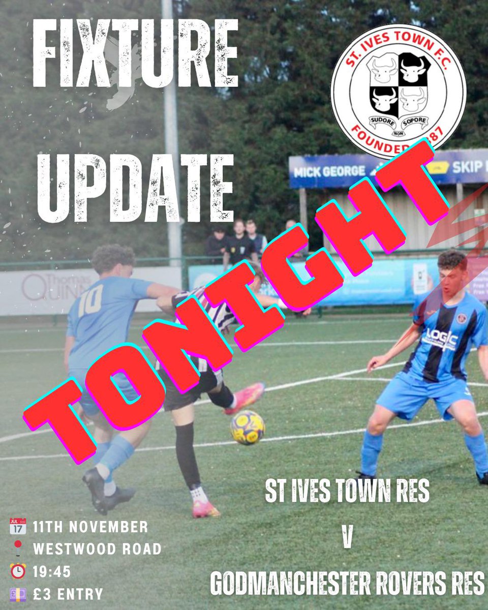 TONIGHT’S LEAGUE CUP FIXTURE REVERSED 

Our fixture vs <a href="/GoddyReservesFC/">Godmanchester Rovers Reserves FC</a> has now been reversed to <a href="/QuattroTechLtd/">Quattro-Tech Ltd</a> Westwood Road for a 7:45pm. 

Bar and refreshments available , no hot food due to short notice.

#uptheives