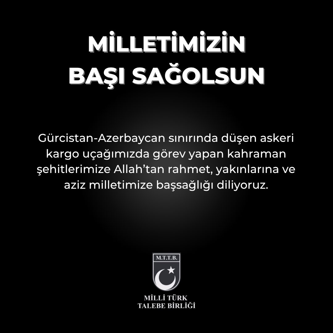 Gürcistan-Azerbaycan sınırında düşen askeri kargo uçağımızda görev yapan kahraman şehitlerimize Allah’tan rahmet, yakınlarına ve aziz milletimize başsağlığı diliyoruz.