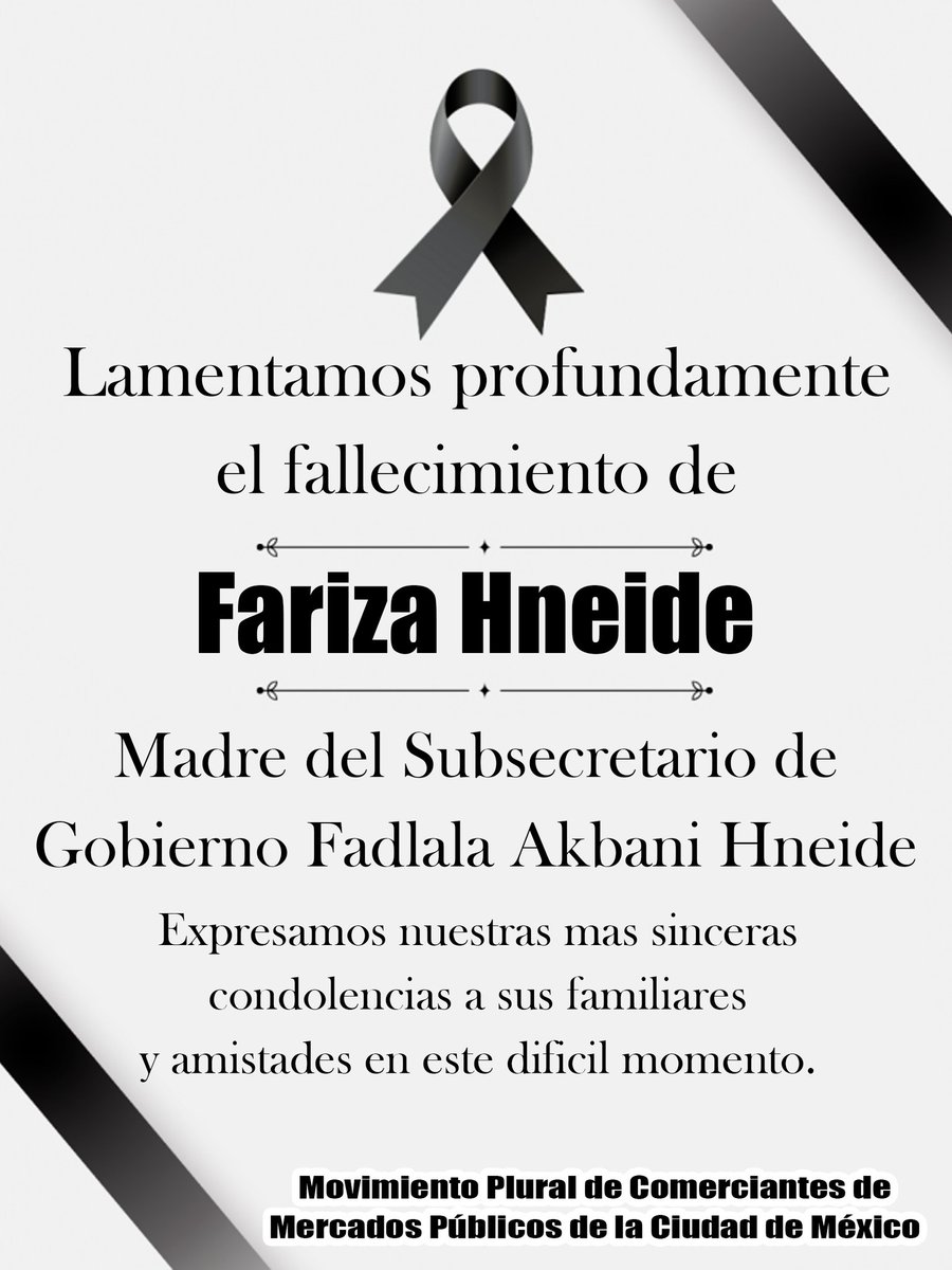 Lamentamos profundamente el fallecimiento de Fariza Hneide, Madre del Subsecretario de Gobierno Fadlala Akabani Hneide. <a href="/FadlalaAkabani/">Fadlala Akabani</a>

Expresamos nuestras más sinceras condolencias y acompañamos con respeto y solidaridad a su familia, colegas y seres queridos.