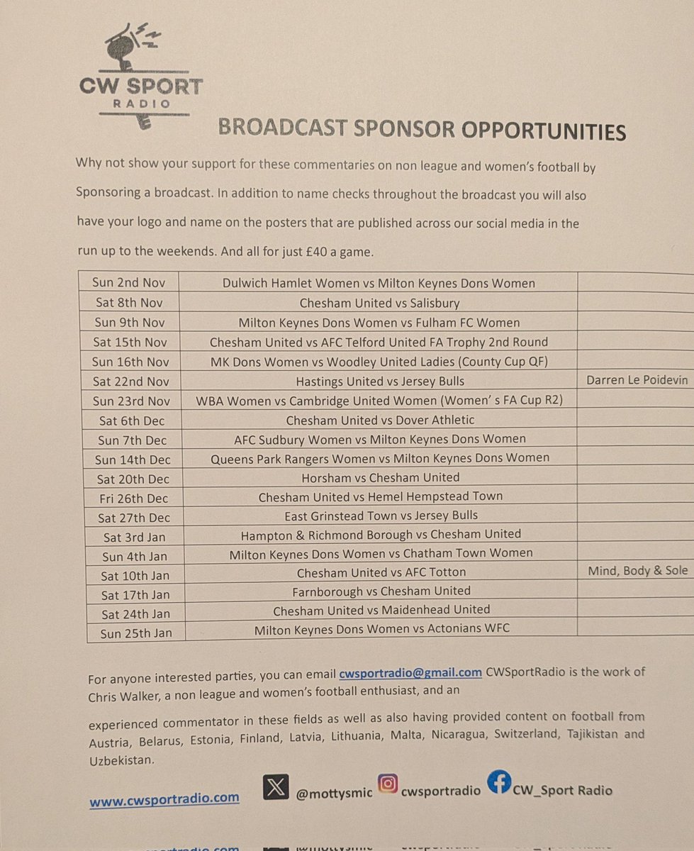 MottysMic's tweet image. I&apos;m seeking broadcast sponsors for 3 of my next 4 games. Hope you can help @cheshamutdfc @MKDonsFCWomen @CambridgeUtdWFC @BerksandBucksFA @IsuzuFATrophy @AdobeWFACup