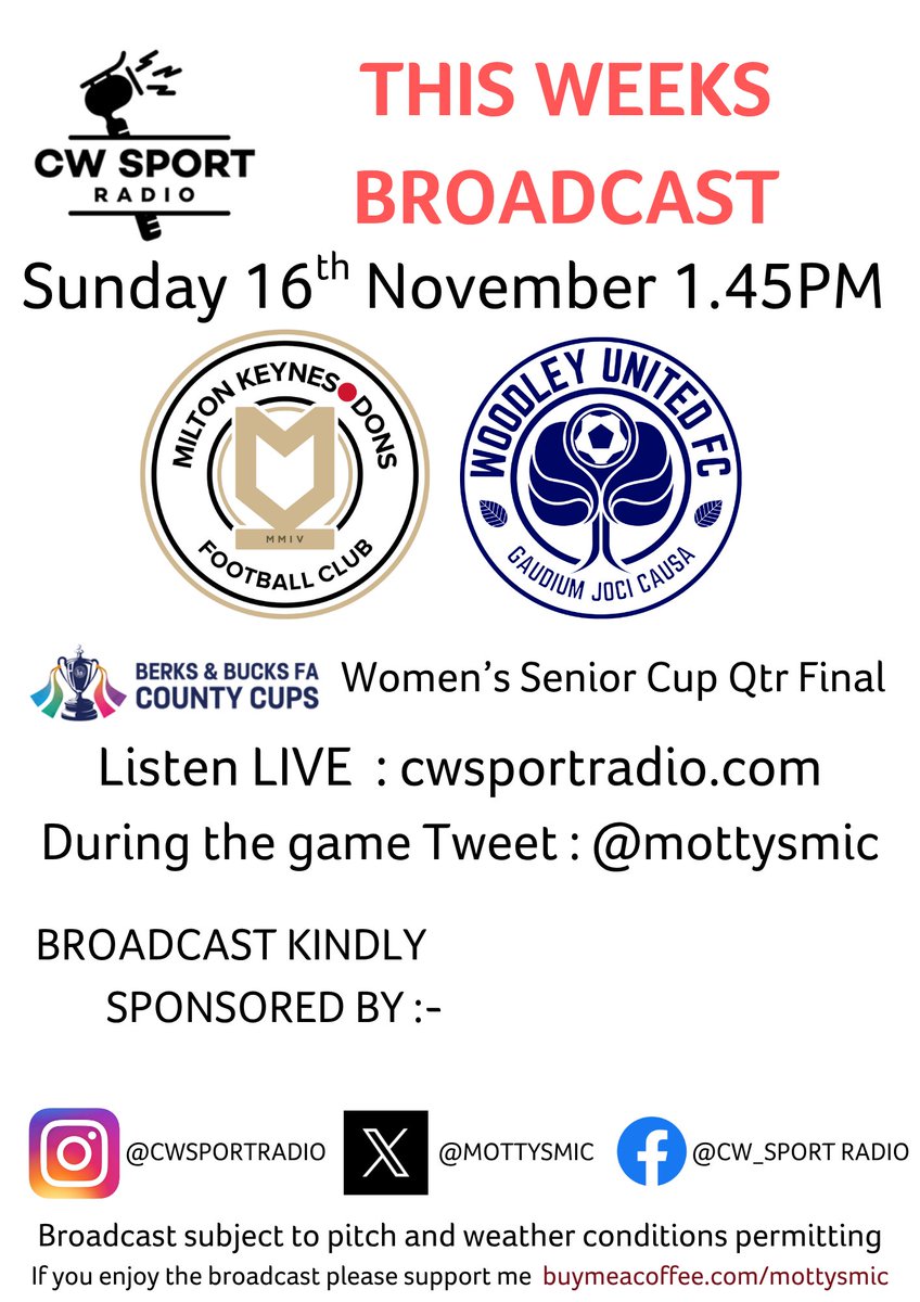 MottysMic's tweet image. I&apos;m seeking broadcast sponsors for 3 of my next 4 games. Hope you can help @cheshamutdfc @MKDonsFCWomen @CambridgeUtdWFC @BerksandBucksFA @IsuzuFATrophy @AdobeWFACup
