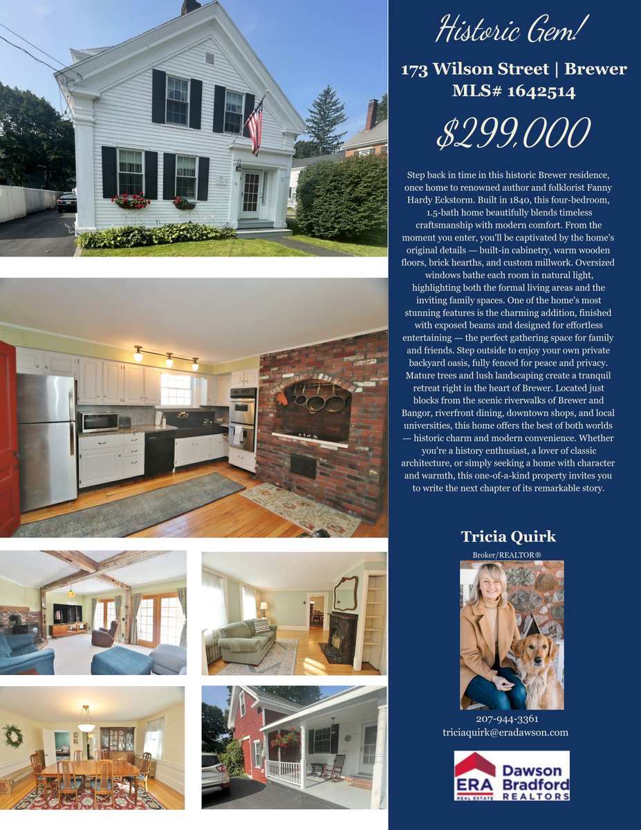🏡 Historic Gem in the Heart of Brewer!
📍 173 Wilson Street, Brewer – $299,000
Step back in time with this beautifully preserved 1840 historic home, once the residence of renowned author and folklorist Fanny Hardy Eckstorm.