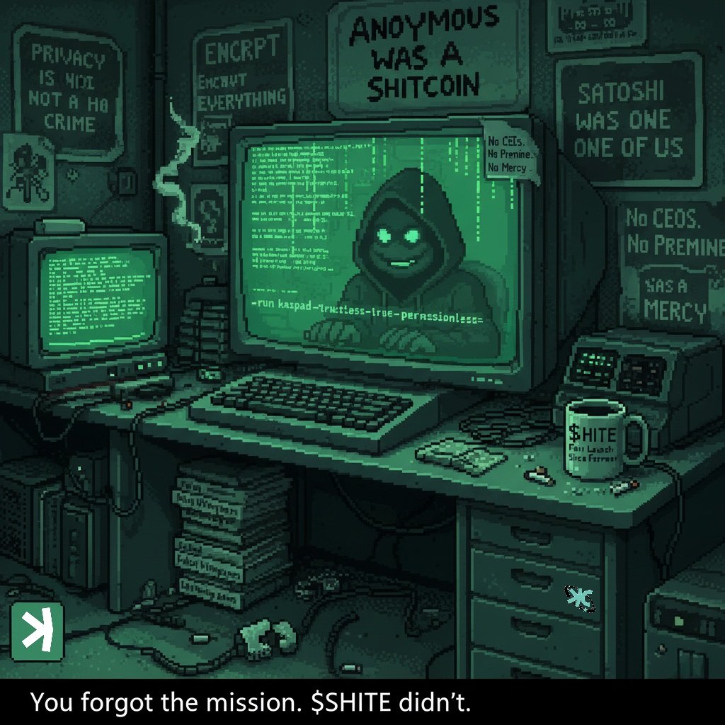 Kaspa_is_Shite's tweet photo. They sold out to layers and lobbyists, while #Kaspa stayed raw, fair, and trustless.

The last real cypherpunk project …
But yeah, it’s still a shitcoin.

$kas is $shite https://t.co/bUM7AUemRH