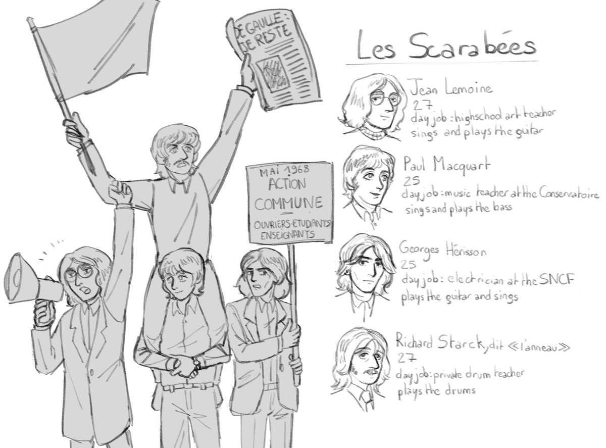 guys meet my french OCs, jean, paul, georges and richard! they started a band named Les Scarabées after meeting during the may 1968 protests in Paris