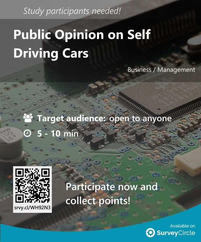 top_studies's tweet image. Participants needed for top-ranked study on SurveyCircle:

&quot;Public Opinion on Self Driving Cars&quot; surveycircle.com/WH92N3/ via @SurveyCircle

#technology #digitalization #MachineLearining #survey #surveycircle