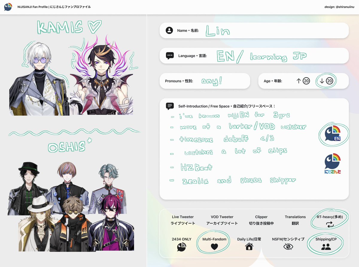 fentaynlin's tweet image. hihii i saw some ppl here doing these so i wanted to join :3 i would like to get some mootiess
#nijiintro #FSPENintro