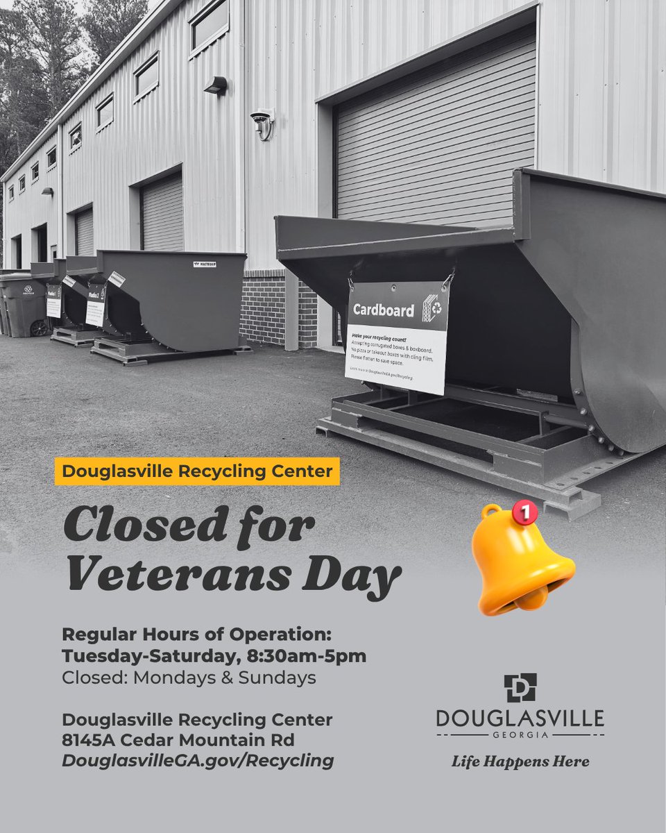 Happy #VeteransDay! Today, we honor those who have served our nation with courage and dedication. ❤️🤍💙

🏛️ City offices &amp; the Recycling Center are closed Tues, Nov 11.
📦 No sanitation collection Tues; all routes delayed 1 day.

♻️ Learn more: DouglasvilleGA.gov/Recycling