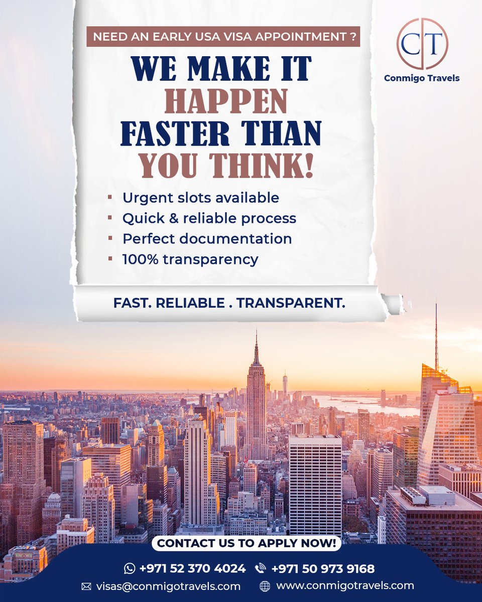 conmigotravels's tweet image. Getting your USA Visa appointment just got easier! 🇺🇸✨
From urgent slots to smooth documentation, Conmigo Travels makes it stress-free &amp;amp; fast. 💫
📞 +971 52 370 4024 | +971 50 973 9168
🌐 conmigotravels.com

#conmigotravels #usavisa #quickvisa
