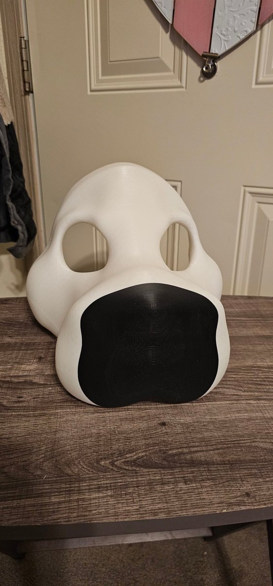 Turned out really good. I have some design iterations to go through, but overall really happy with attempt #1 

Fursuit dreams are becoming reality 
(Black spot is where I ran out of white filament lol)