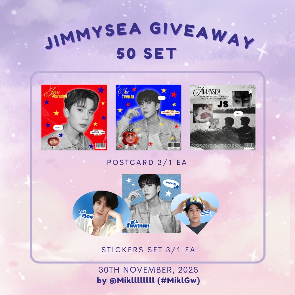 Mikllllllll's tweet image. 🫧Giveaway for  #JimmySeaFancon 🫧

💌 50 set only
+ Postcards
+ Die-cut stickers

🗓️ 30 November 2025
⏰ tba
📍Union hall, Union mall

dm for exchange 💍

#JimmySea #jimmyyjp #sea_tawinan 
(My Giveaway #MiklGw )