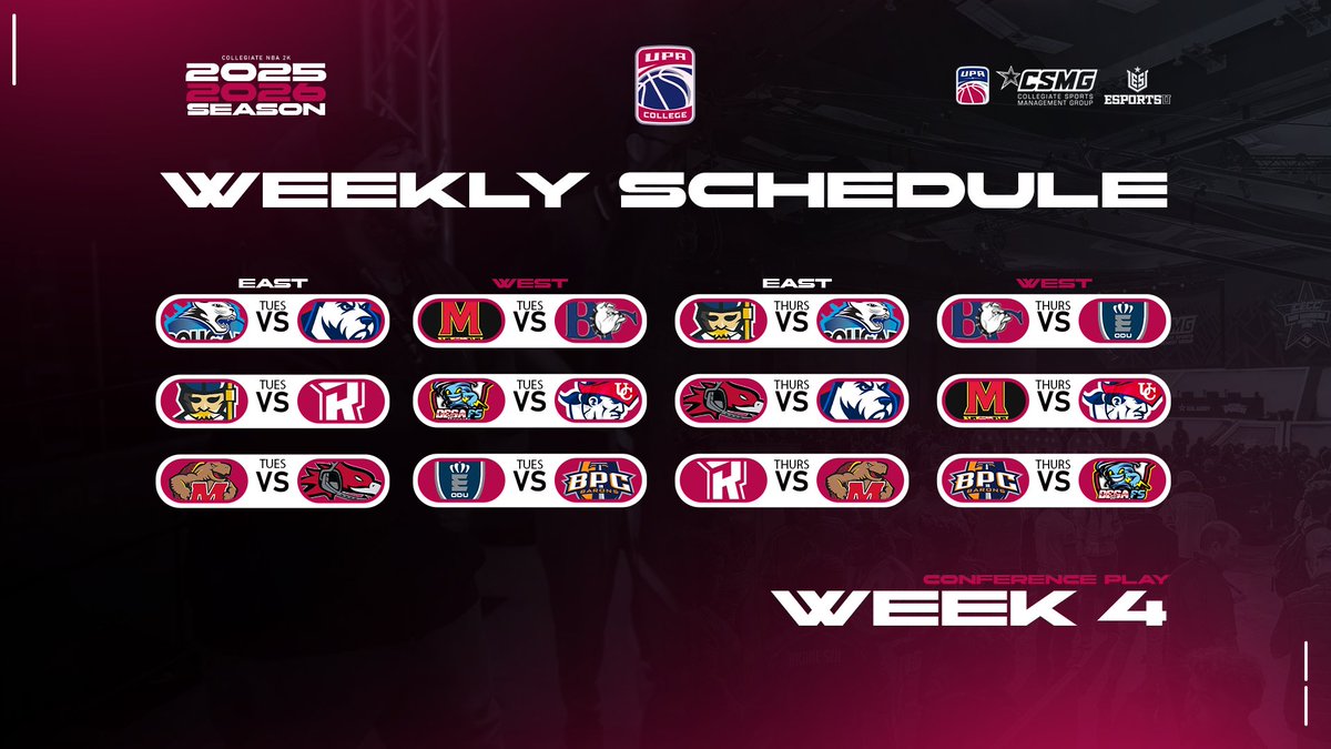 🏀Week 4 Schedule🏀

Conference play continues this week on the Collegiate NBA 2K hardwood!

Make sure to TUNE in as schools gear up for next week's First Look Tournament!👀

Who will continue to progress on the road to <a href="/EsportsUGaming/">EsportsU</a> May Madness?