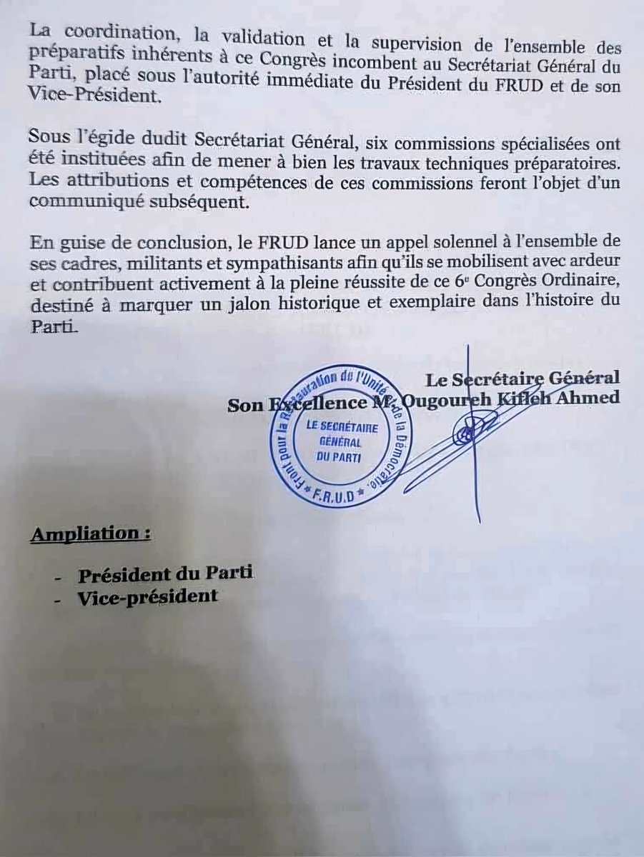 TribuneLaCorne's tweet photo. 🇩🇯 Le #FRUD tiendra son 6ème Congrès Ordinaire le samedi 29 novembre 2025 au Palais du Peuple.

Au menu : bilan, réforme du parti, renouvellement des dirigeants et investiture pour la présidentielle 2026.

#Actualité #Politique #FRUD #Congres https://t.co/2I7uaiTSv9