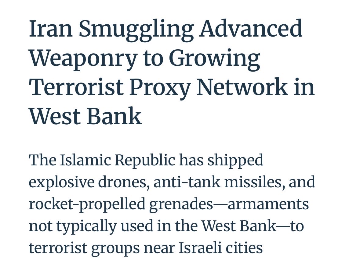 🚨Iran is flooding Judea and Samaria with explosive drones, guided missiles, RPGs, and other weapons in an attempt to turn the territory into the staging ground for the next large-scale terror attack against Israel. 

— <a href="/Kredo0/">Adam Kredo</a> | <a href="/FreeBeacon/">Washington Free Beacon</a>