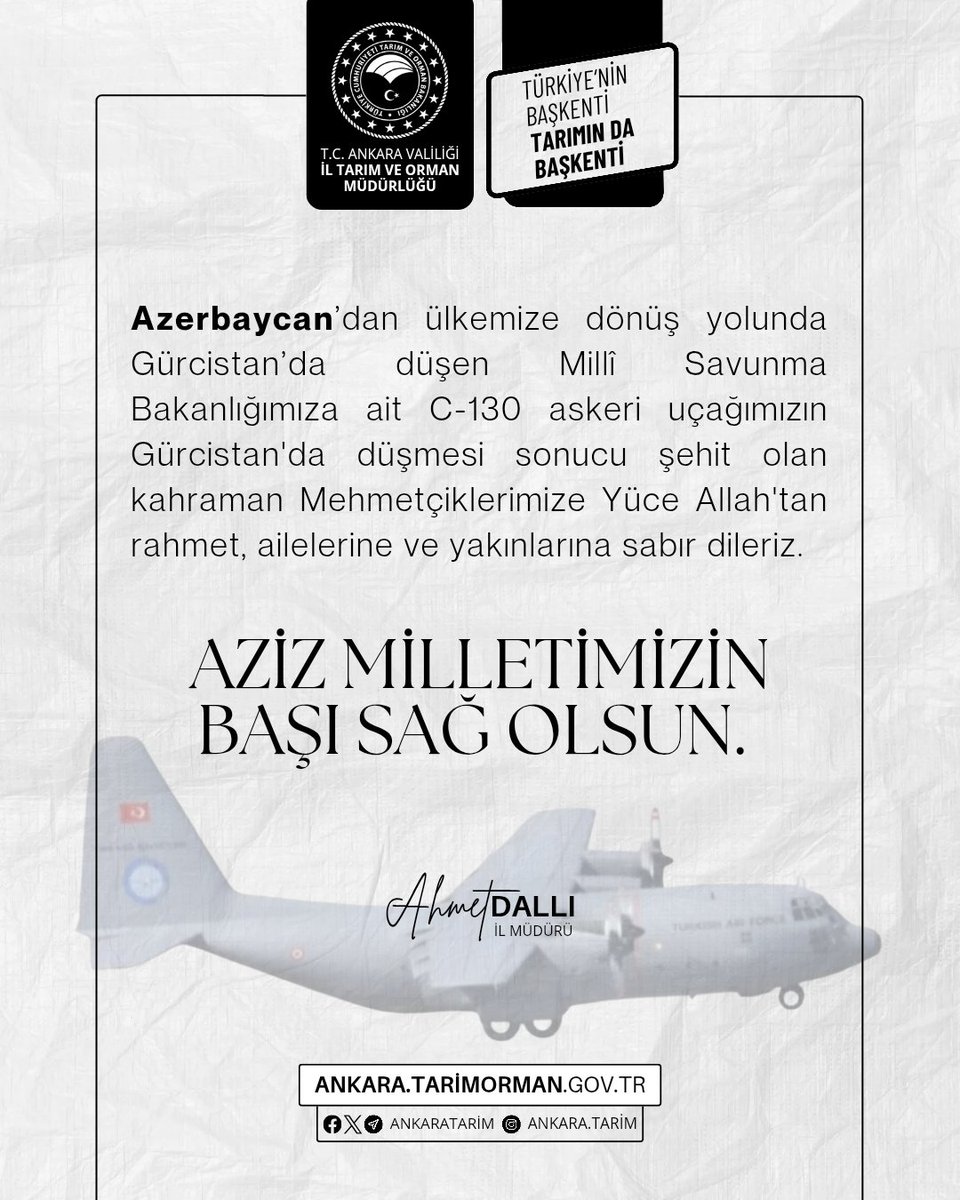 Azerbaycan’dan ülkemize dönüş yolunda Gürcistan’da düşen Millî Savunma Bakanlığımıza ait C-130 askeri uçağımızın Gürcistan'da düşmesi sonucu şehit olan kahraman Mehmetçiklerimize Yüce Allah'tan rahmet, ailelerine ve yakınlarına sabır dileriz.