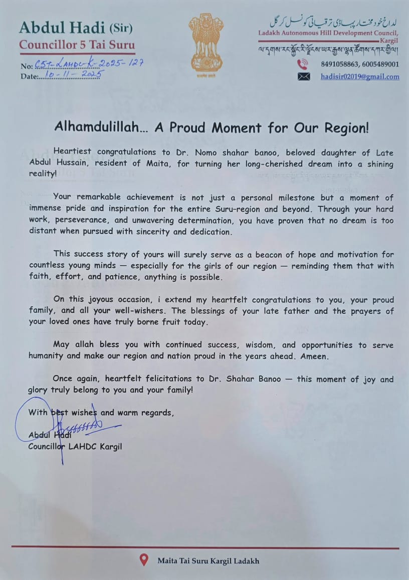 hadisirjames1's tweet photo. Celebrating Dr. Namo Shahar Bano from Suru, Kargil – a true inspiration for turning dreams into reality! Her dedication and perseverance shine as a beacon of hope for our youth, especially girls. Congratulations to her and her family on this proud achievement! #WomenEmpowerment https://t.co/lfOwa4nCWJ