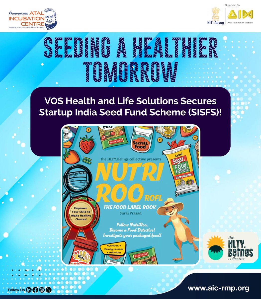 Proud to share VOS Health and Life Solutions Pvt. Ltd. from our ecosystem has been awarded the Startup India Seed Fund Scheme (SISFS)! 
Through Hlty Beings, they’re driving a movement to combat childhood obesity and nurture lifelong health. #AICRMP #SISFS #HLTYBEINGS
