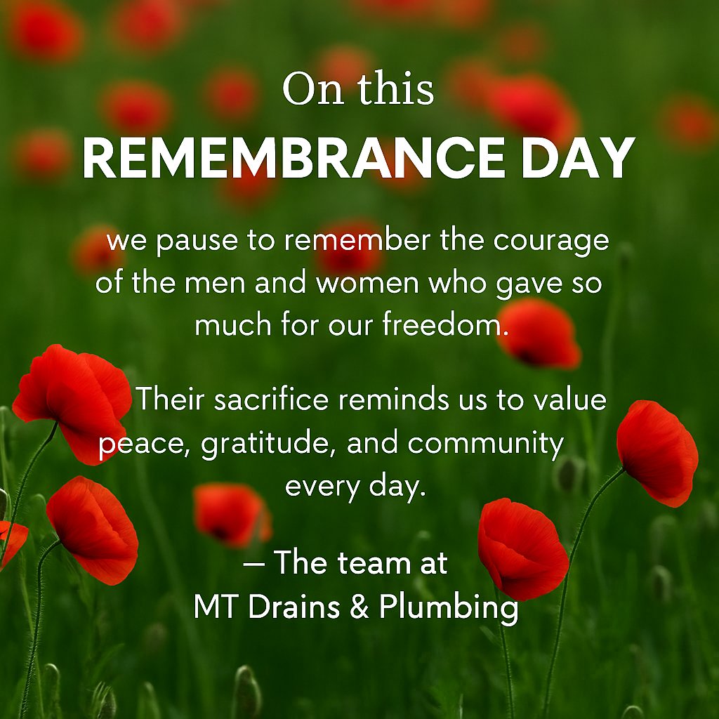 MT_Drains's tweet photo. On this Remembrance Day, we pause to remember the courage of the men &amp; women who gave so much for our freedom.
Their sacrifice reminds us to value peace, gratitude, &amp; community every day.
— The team at MT Drains &amp; Plumbing
#RemembranceDay #LestWeForget #CanadaRemembers #MTDrains https://t.co/8hG9l76XR1