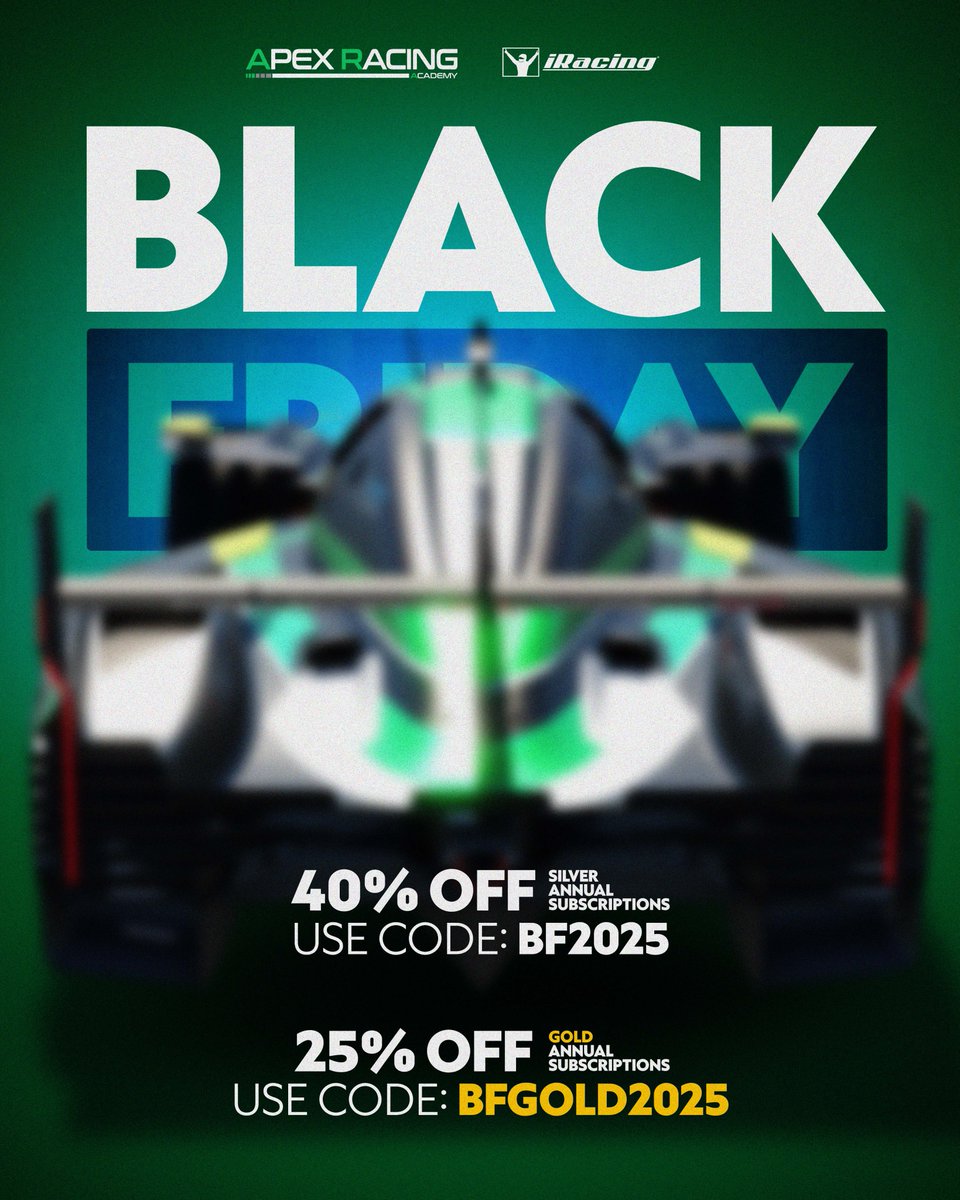 Black Friday is here, and so are the massive savings!

Use code: 'BFGOLD2025' to get 25% off Annual Gold Subscriptions
Use code: 'BF2025' to get 40% off Annual Silver Subscriptions

🌐 apexracingac.com

#iracing