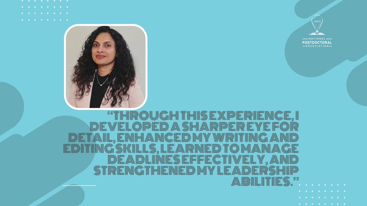 nationalpostdoc's tweet image. It&apos;s time to celebrate our November NPA Volunteer of the Month! Nisha Asok Kumar, Ph.D., is postdoctoral research associate at UNC Chapel Hill and a member of the POSTDOCket Committee. 

Read more 🔗 ow.ly/PkBc50XjaF0 // #postdocs #volunteers #volunteering