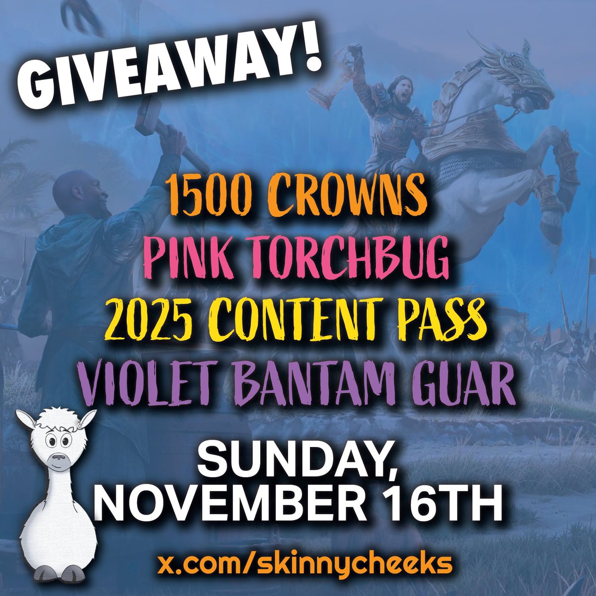 #ESO #Giveaway! All Platforms! 🥳🥳🥳

Choose 1:

✔️ 1500 Crowns
✔️ Pink Torchbug
✔️ 2025 Content Pass
✔️ Violet Bantam Guar

Like, Retweet, &amp; Follow to enter!

Leave a comment with your platform+choice &amp; I'll draw 3 winners on Sunday! Good luck! 🤞