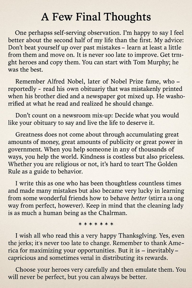 Το τελευταίο γράμμα του Warren Buffett είναι ίσως το πιο ανθρώπινο. Μιλά για λάθη, δεύτερες ευκαιρίες, ήρωες και καλοσύνη. Υπενθύμιση πως η «μεγάλη ζωή» μετριέται σε πράξεις που κάνουν τον κόσμο λίγο καλύτερο. Σεβασμός στον Μάντη της Ομάχα.