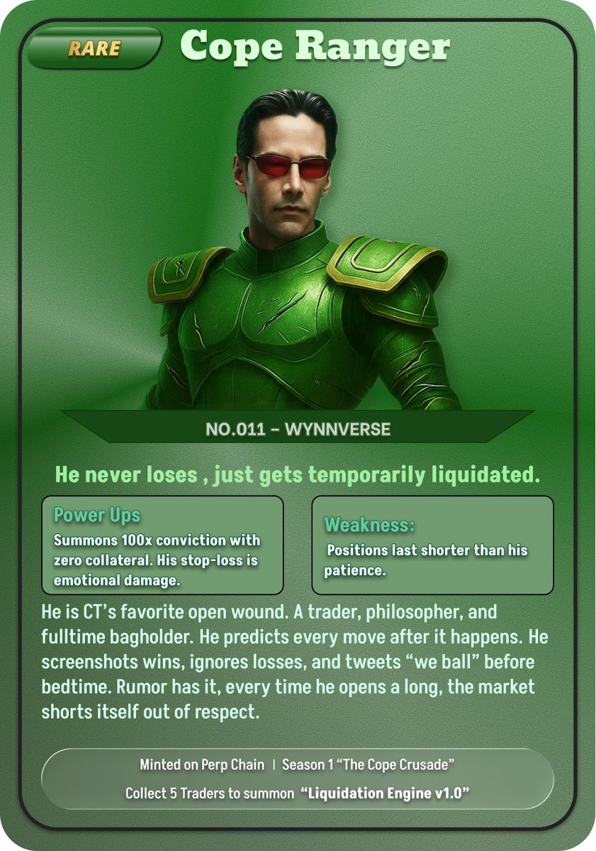 RangerOfCrypto's tweet photo. Introducing our First Ranger.

Forged in leverage. Fueled by delusion.

@JamesWynnReal : The Cope Ranger. https://t.co/VFnquwTLR4