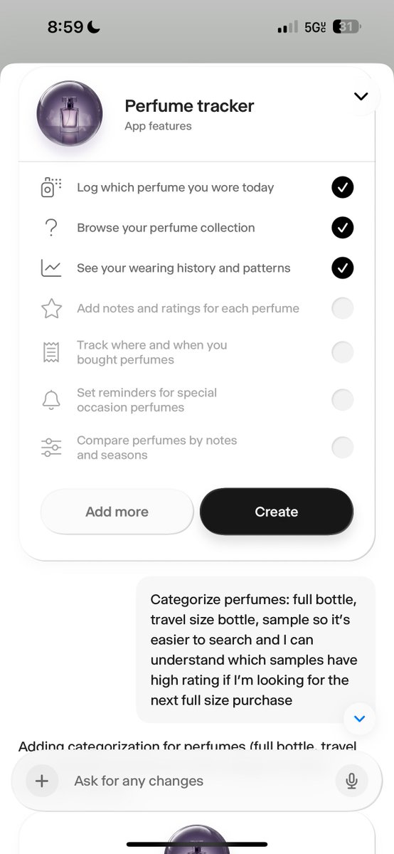 both Fragrantica and Parfumo are super cluttered and just impossible to use, so I created a perfume tracker in <a href="/wabi/">wabi</a> — what a delightful experience🌹<a href="/ekuyda/">Eugenia Kuyda</a> &amp; the team a building something really exciting