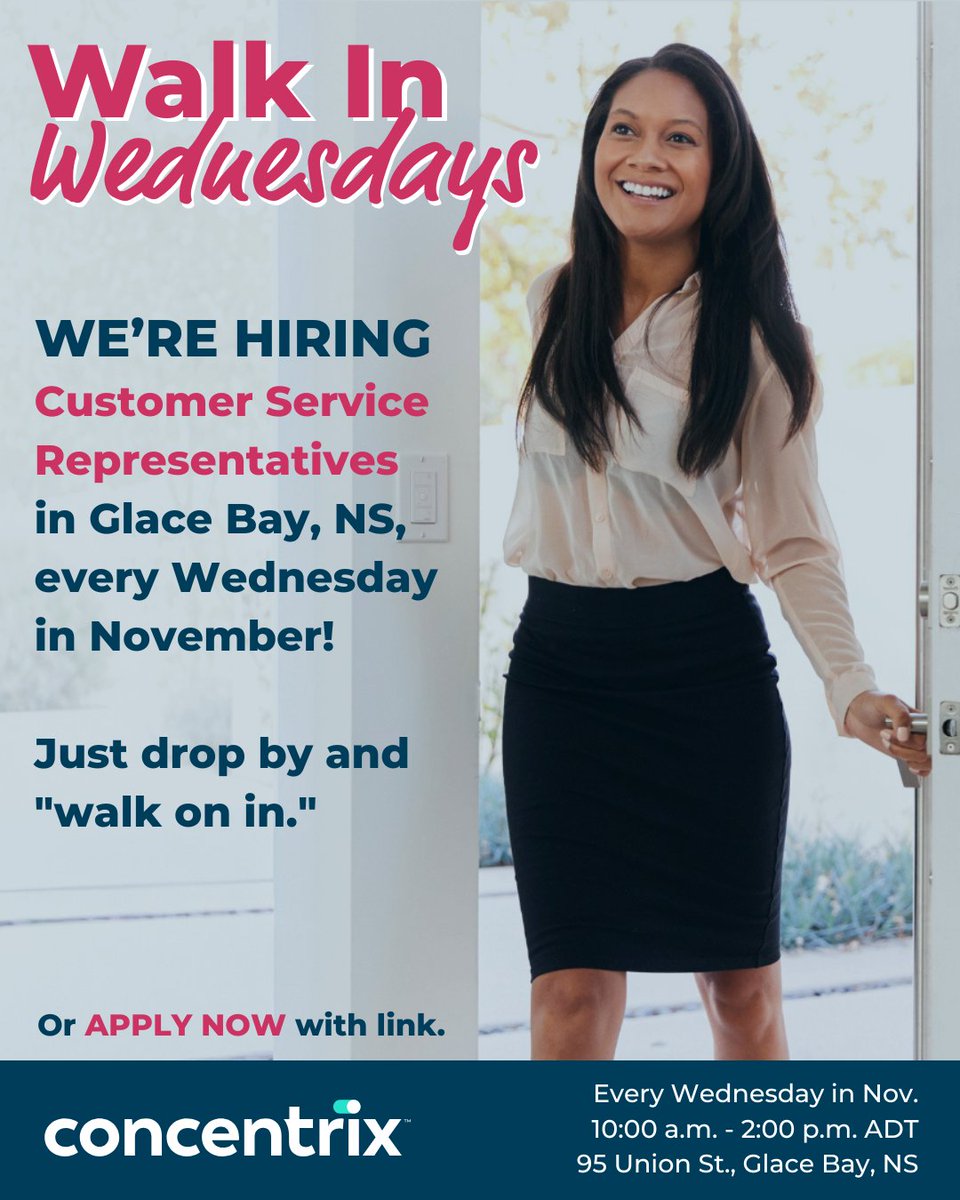 ConcentrixCAN's tweet image. WE&apos;RE HIRING CUSTOMER SERVICE REPS! Walk right into our Concentrix—Glace Bay, NS, site and meet with the Recruiting Team every Wednesday in November between 10:00 a.m. and 2:00 p.m. ADT (95 Union St, Glace Bay, NS). Or click the link to APPLY NOW! jobs.concentrix.com/canada/job/phn…