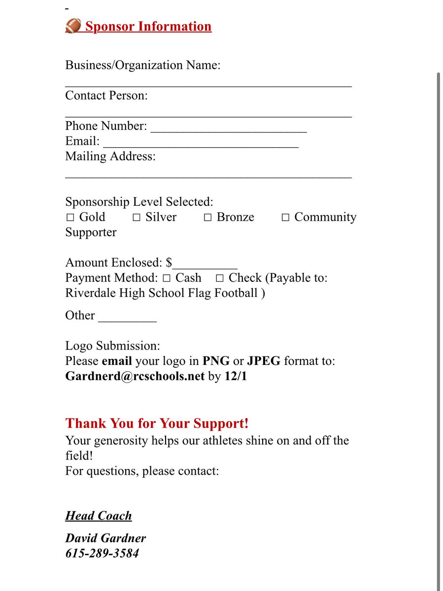 📣 Announcement!! 

The Lady Warriors are seeking Sponsors! 

Support the Riverdale Lady Warrior Flag Football team as we gear up for the Murfreesboro Christmas Parade 🎄
Your help means the world to our girls! 
Form below ❤️💛
Thank you <a href="/RiverdaleHighTN/">Riverdale HS</a> <a href="/RHS_WarriorsFB/">Riverdale Football</a>