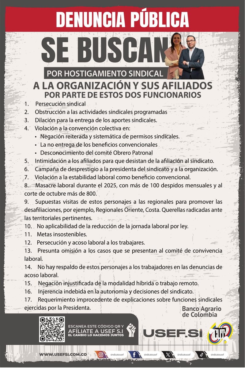 elecolcaldas's tweet photo. Cut Caldas, Comité de Unidad y Sintraelecol-Cut-Caldas, denuncian la más brutal y persecución política contra sindicato alguno en el gobierno de la gente, en un banco que es 100%% estatal, el Banco Agrario, contra los trabajadores y en especial con los afiliados a Usef S.I. https://t.co/zSyBYI9hT8