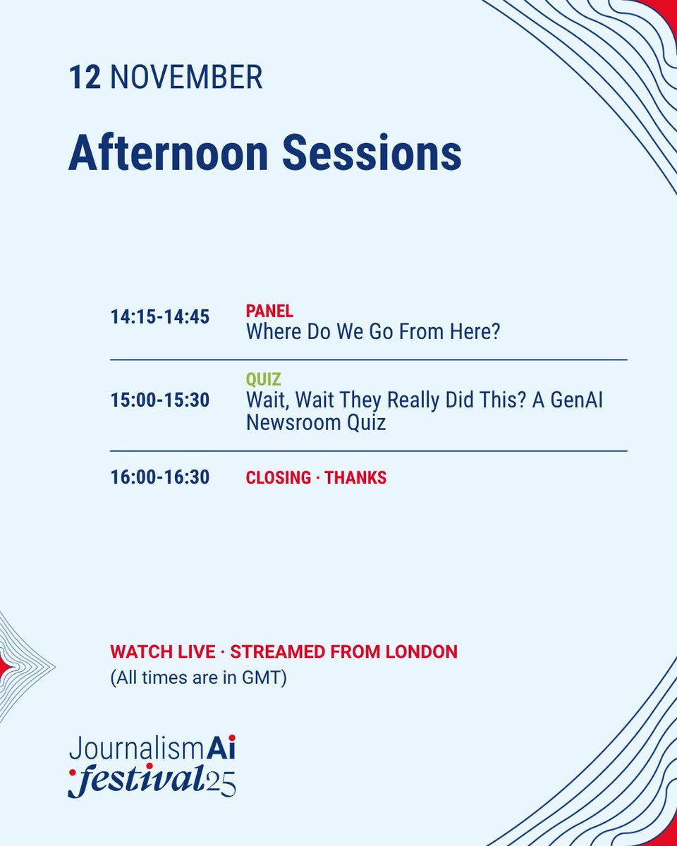 That’s a wrap for Day 1 of the #JournalismAI Festival 2025! 🎬

See you tomorrow for another day packed with conversations, ideas, and inspiration, live from London - check what comes next!

📺 journalismai.info/festival