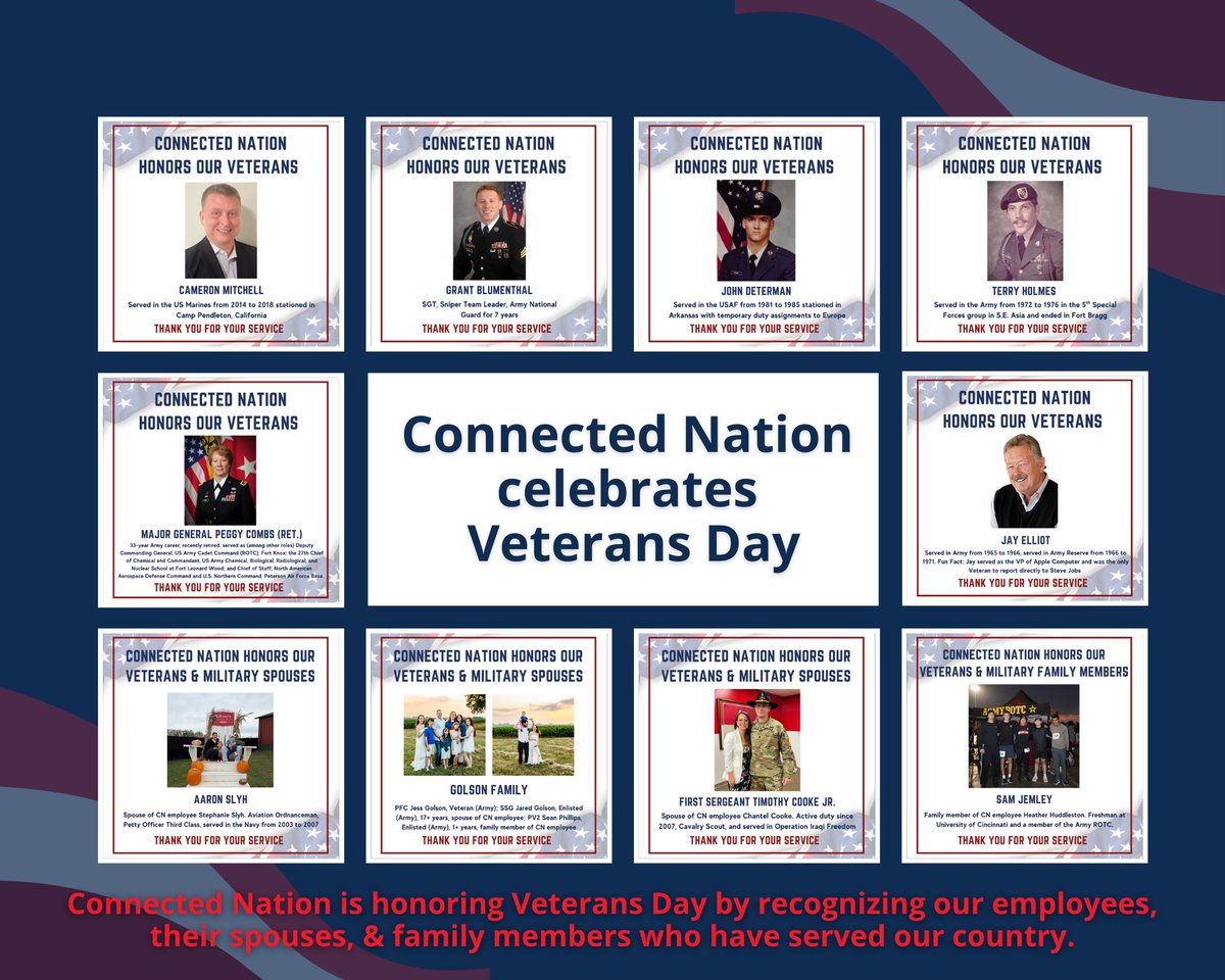 Happy Veterans Day from Connected Nation! 🇺🇸

#ConnectedNation proudly honors Veterans Day by recognizing our employees, their spouses, and family members who have served our country. 

Thank you for your service!