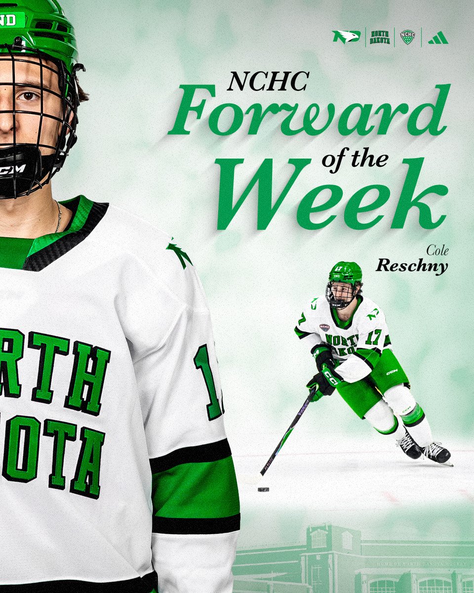 A five-point weekend earns freshman Cole Reschny his first <a href="/TheNCHC/">The NCHC</a> Forward of the Week honor!

📰: fightinghawks.com/news/2025/11/1…

#UNDproud | #LGH
