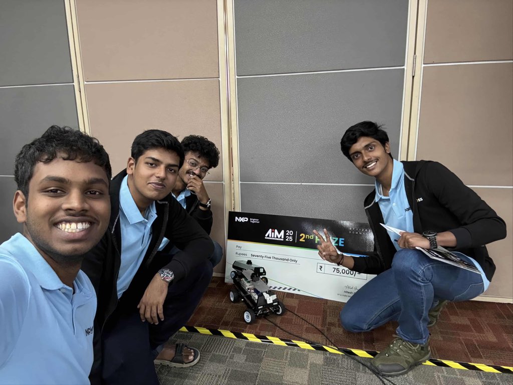 amfoss_in's tweet photo. We’re proud to announce that Team Motorbrew - Shrivaths S Nair, Manas Varma K, Gautham Mohanraj, and Rihaan B H from amFOSS secured 2nd place at the NXP AIM Hackathon 2025 Grand Finale after winning the Bangalore regionals with their warehouse automation innovation. #NXP #amFOSS https://t.co/ziBp5LbocD