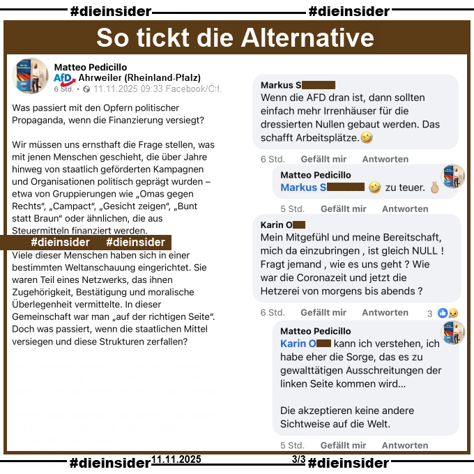 Vielleicht sollten Matteo Pedicillo und seine Anhänger sich einmal an #ExitDeutschland wenden! #AfDVerbot
 
#LautGegenNazis #NiemalsAfD
#Antifa #Antifaschismus #GemeinsamGegenHass 
#DieInsider
 
exit-deutschland.de