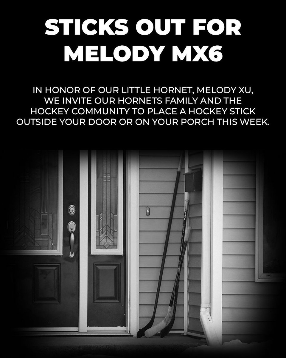 Put Your Sticks Out for Melody MX6🐝💛🖤

In honour of our little Hornet, Melody Xu, we invite our Hornets family and the hockey community to place a hockey stick outside your door or on your porch this week

💛 Forever a Hornet. Forever in our hearts MX6. 🐝