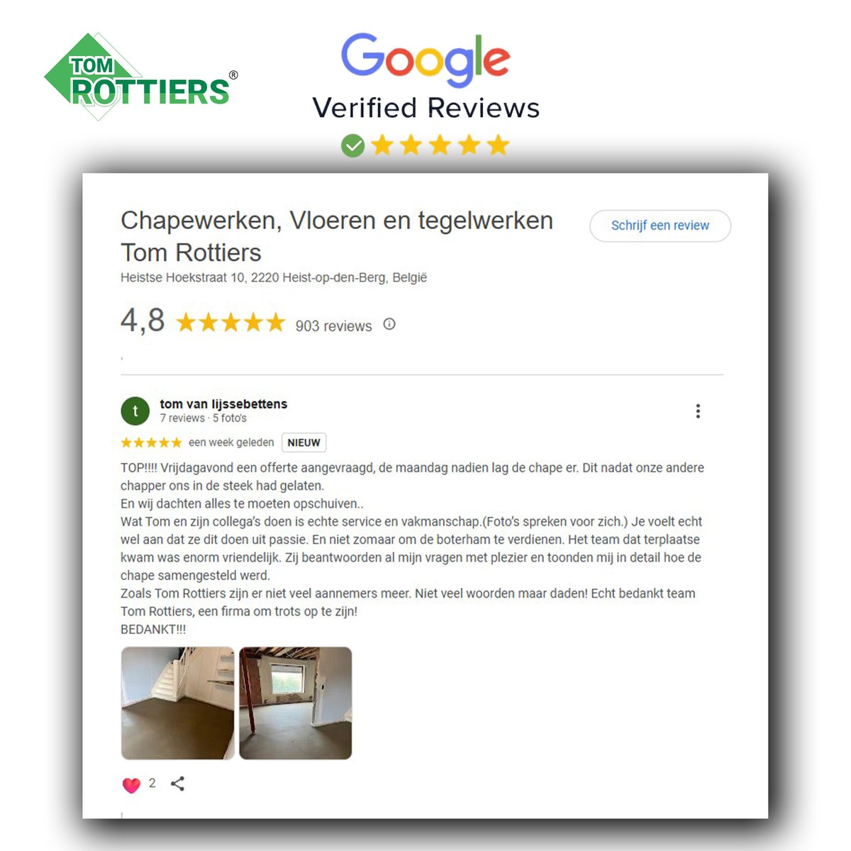 Tom_Rottiers's tweet photo. Dinsdag Review!
Meer dan 903 reviews 🎉
Tom Van Lijssebettens:
“Offerte vrijdag – maandag al chape! Wat een vakwerk, passie en topteam. Echte service bestaat nog!”
#TomRottiers #Chape #Review #Vloeren https://t.co/uxHwyPDpom