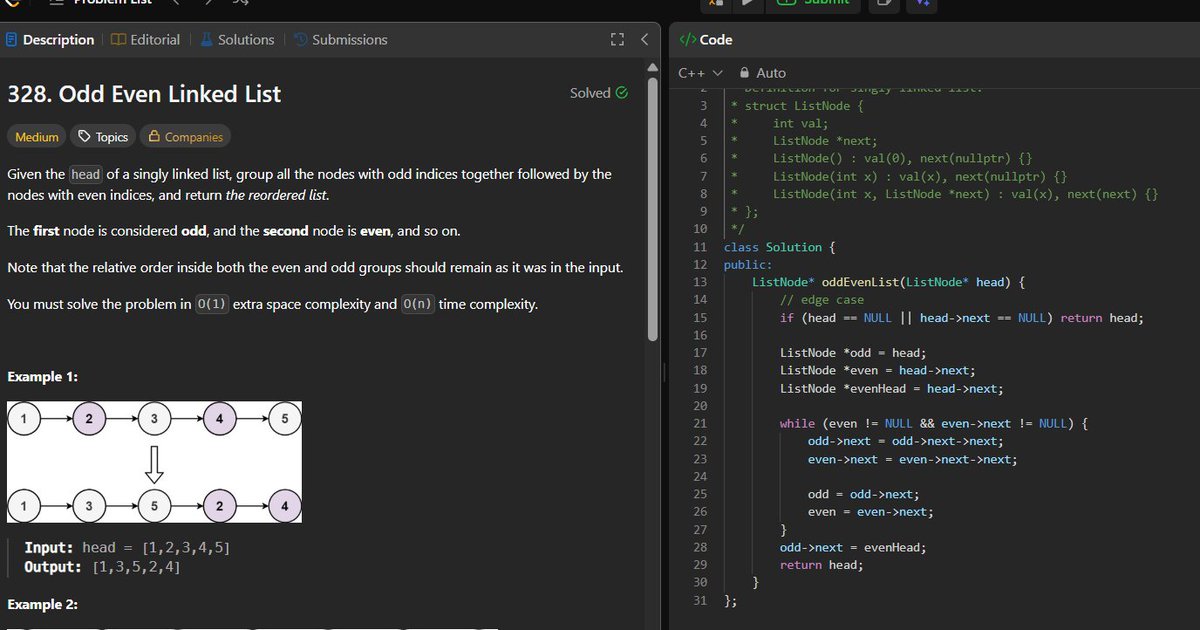 codewithpiyus's tweet image. 60DaysOfCode - Day 10

Linked List Problems:
💠Length of Loop in Linked List✅
💠Check if Linked List is Palindrome✅
💠Segregate Odd and Even Nodes in Linked List✅
💠Remove Nth Node from the End of Linked List✅

#Programming #DSAinCPP #TUFWinterArc #60DaysOfCode #TechCommunity