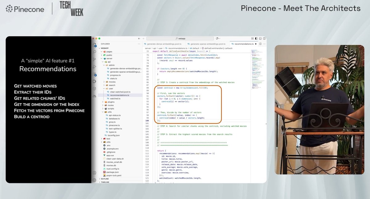 pinecone's tweet image. How do you build an AI-powered search and recommendation app, step by step? 

In this demo, filmed during #SFTechWeek, Staff Developer Advocate @milendyankov takes you through the PineStream workshop. You&apos;ll learn how to use Pinecone, @GroqInc, and @nuxt_js to implement vector…