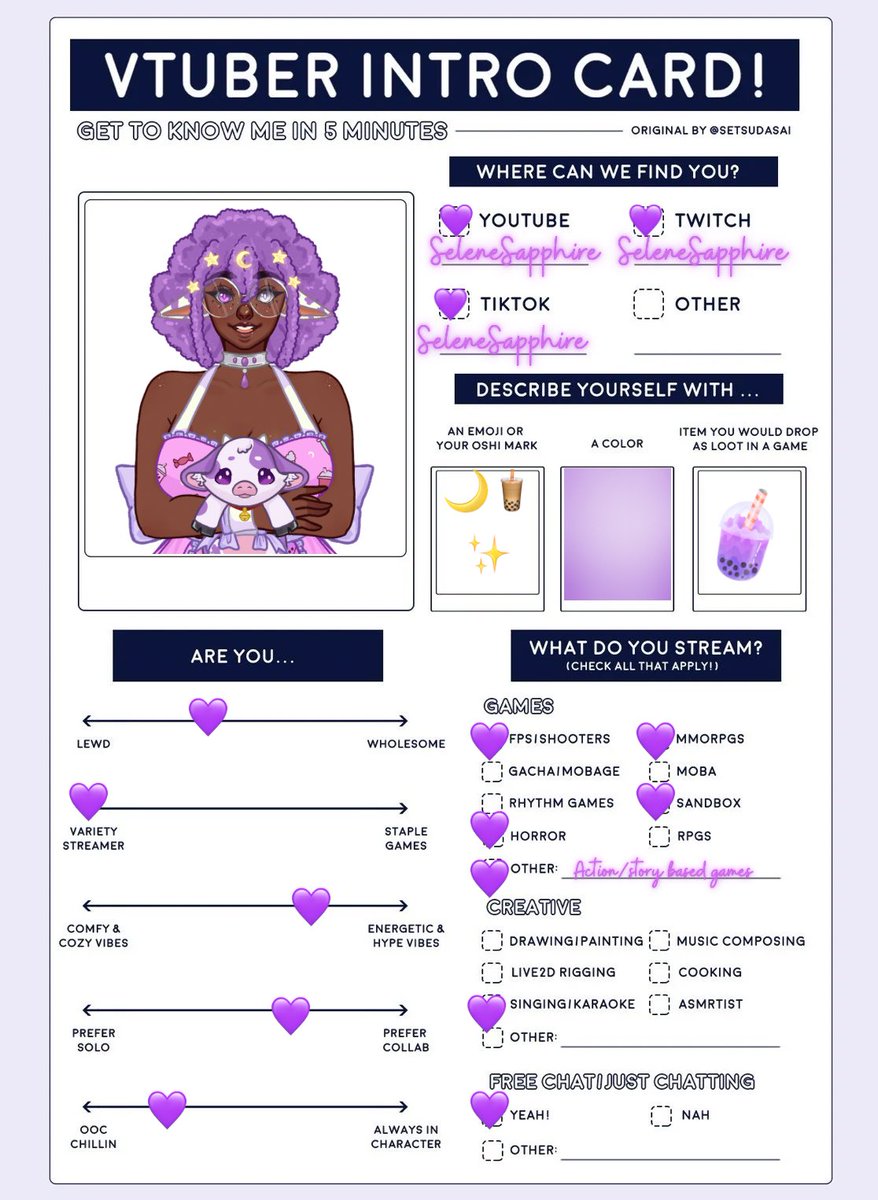 SeleneSapphire's tweet photo. I DID A THING!!!
Here’s my vtuber intro card so you know exactly what kind of sparkly chaos gremlin is behind the screen.
💜🌙🐮🧋✨
#VTuber #ENVtuber #Pngtuber #Cowvtuber #Introcard https://t.co/K5Lt6cw0Nf
