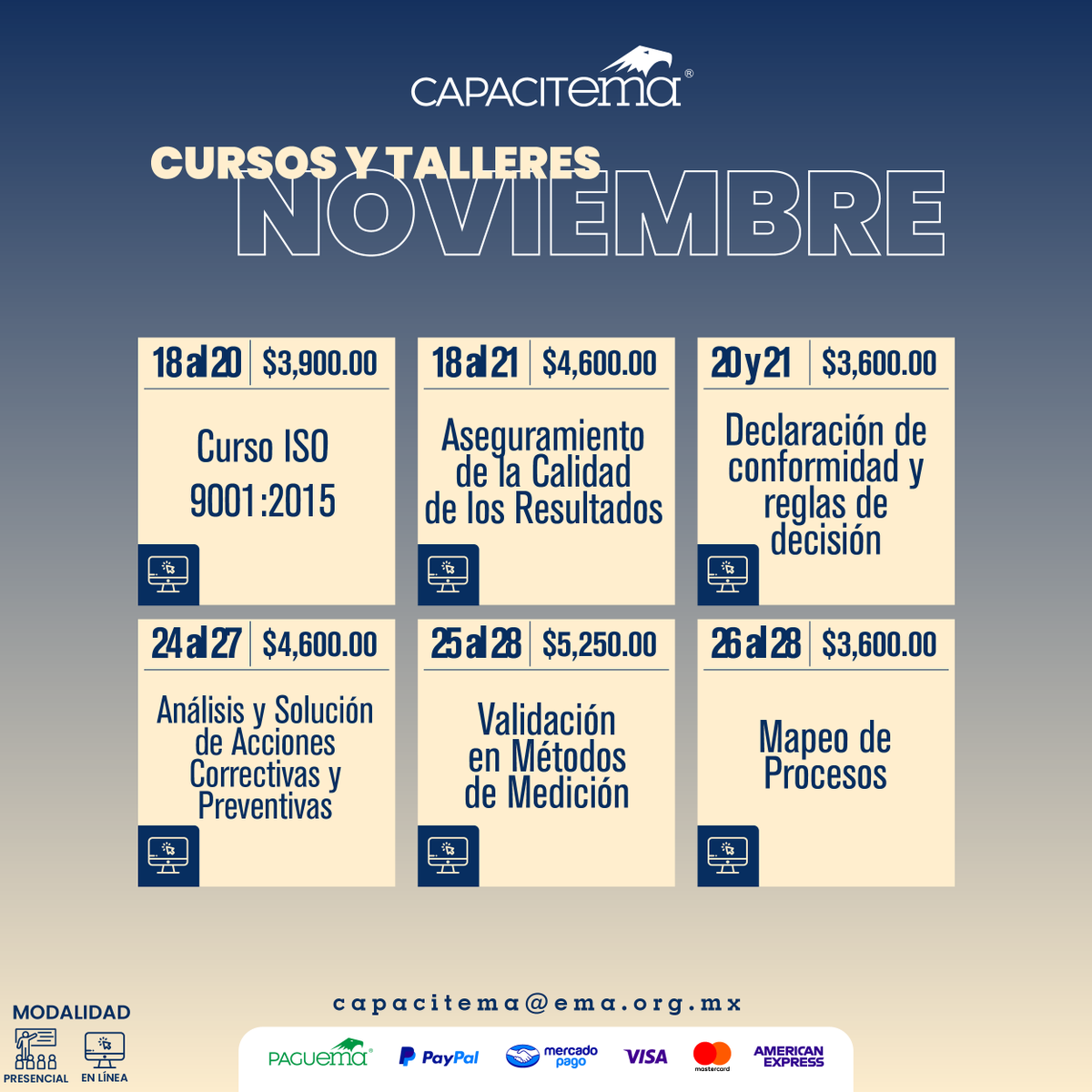 ema_ac's tweet photo. 📚 ¡Aprovecha la segunda quincena de noviembre con CAPACITema!
Fortalece tus habilidades técnicas y mejora tus procesos con nuestros cursos en línea.
🎓 👉 Consulta el calendario e inscríbete hoy: https://t.co/RjNhzYGlmN
#CAPACITema #CursosEnLínea #FormaciónTécnica #ema #ConfianzaTécnica